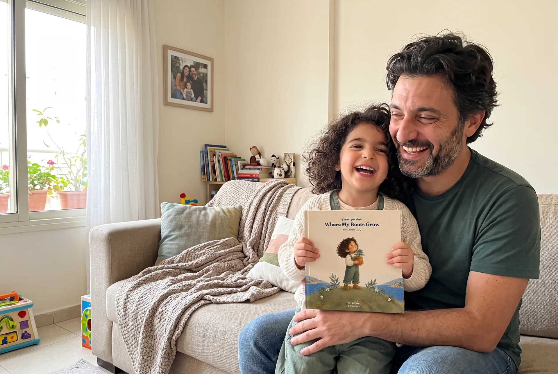 A dad and his little girl laughing on the sofa at home, holding up her own copy of Where My Roots Grow