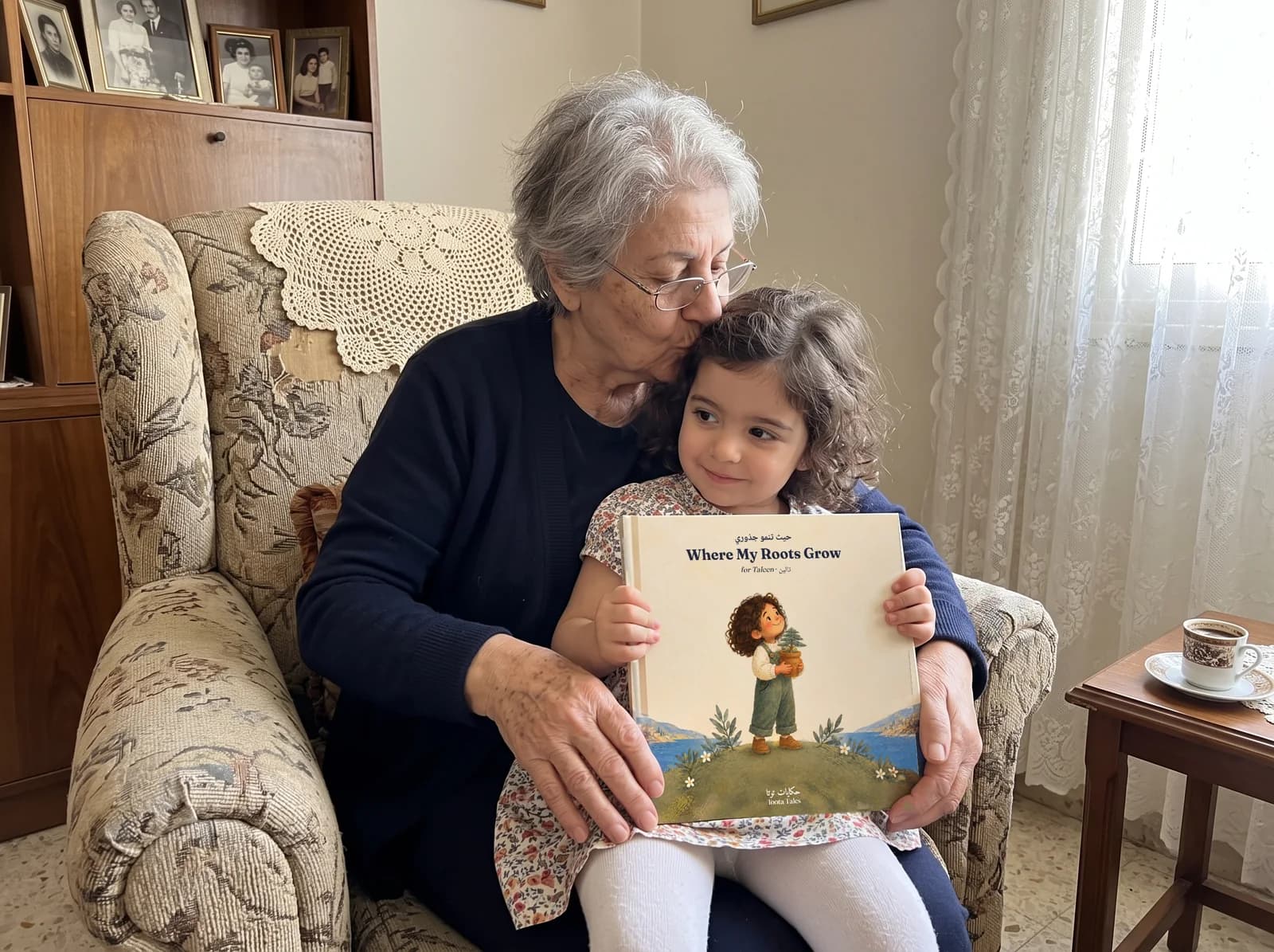 A grandmother kissing her granddaughter in her armchair, the girl holding Where My Roots Grow